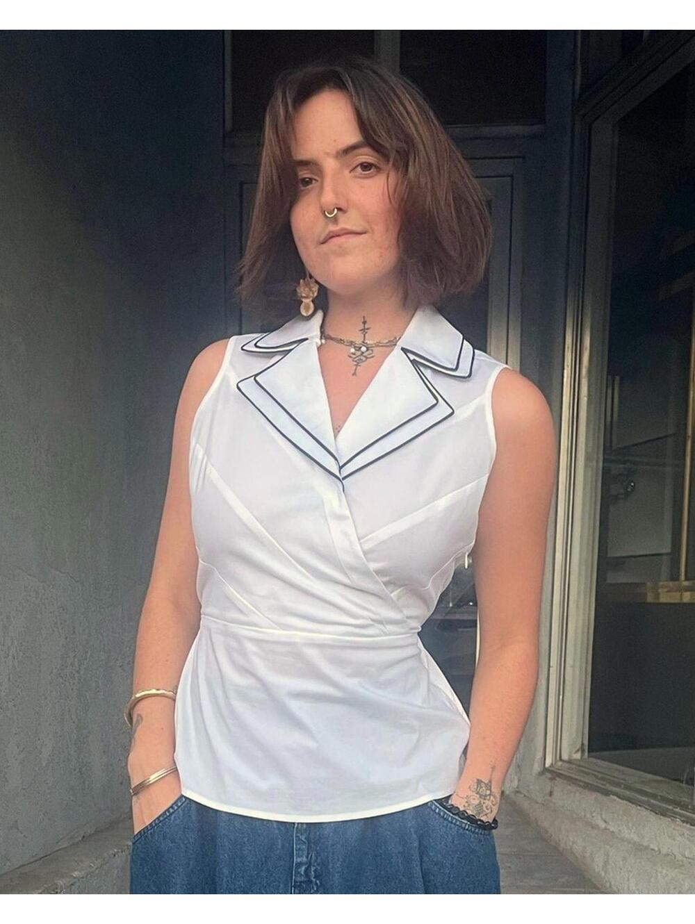 Y2K Doncaster Wrap Blouse | Prep Core Yacht Club Sleeveless Top